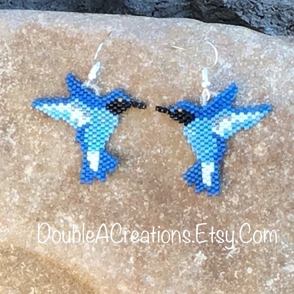 Blue Hummingbird Beaded Earrings, New, Handmade by Me - Picture 6 of 7